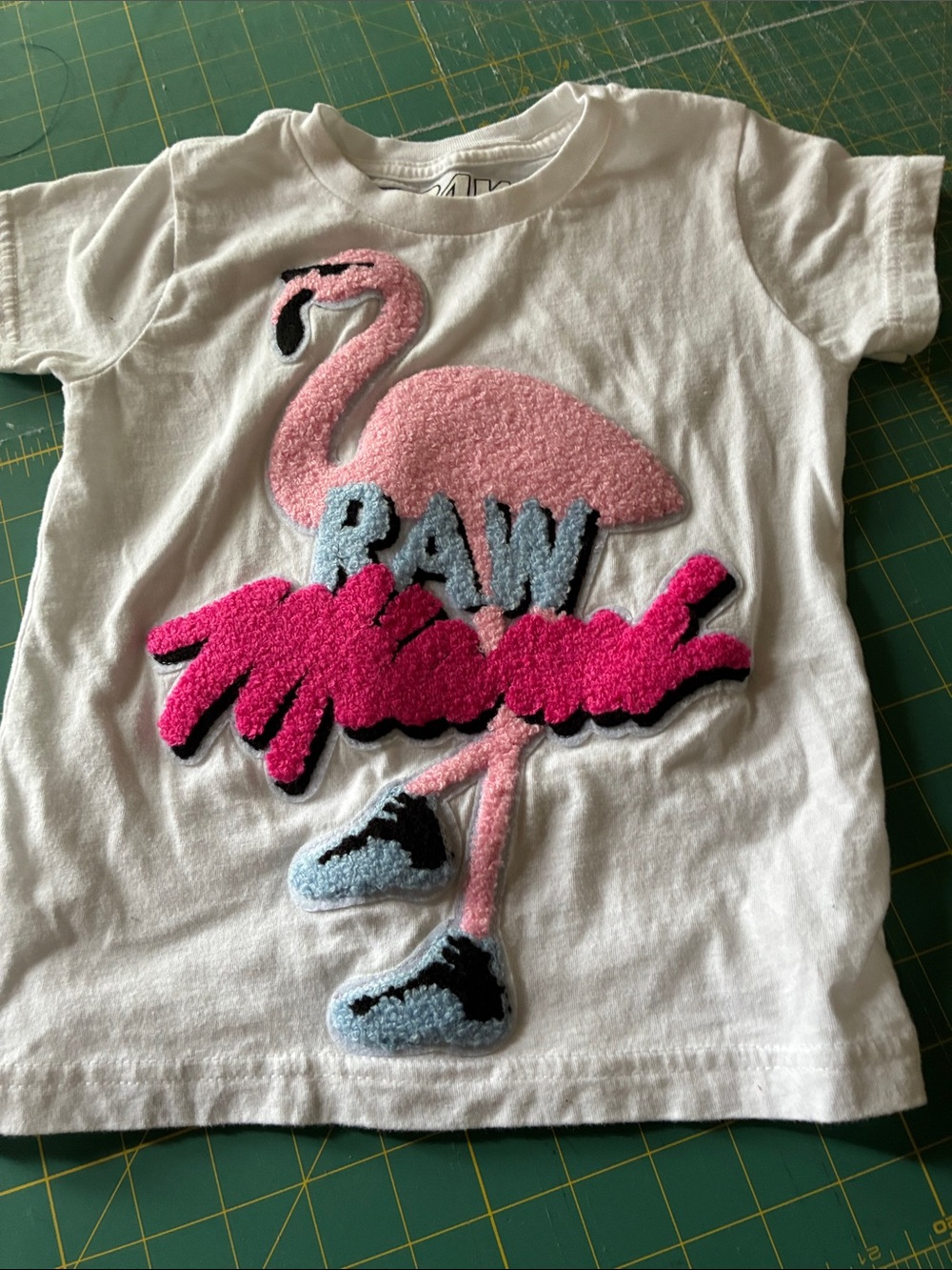 Kids White T-Shirt with Pink Flamingo Chenille Patch
